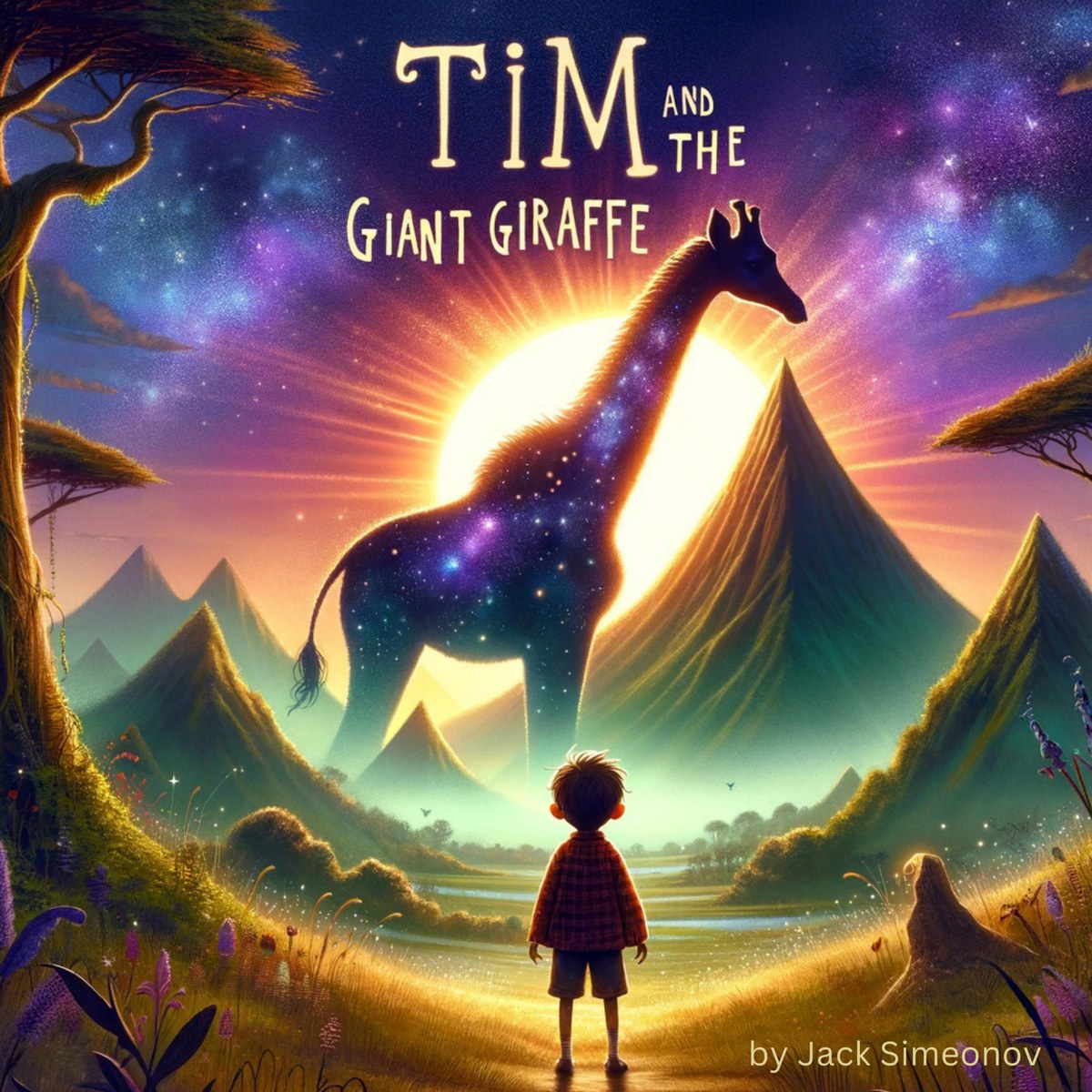 Tim and the Giant Giraffe — book cover. A boy looks up at a giraffe whose body is the night sky, framed by mountains at sunset.