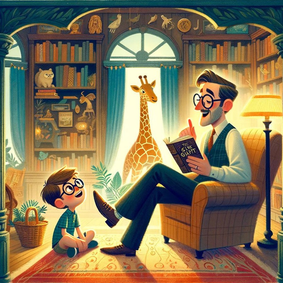 A boy listens to his father tell stories beside a curious giraffe.