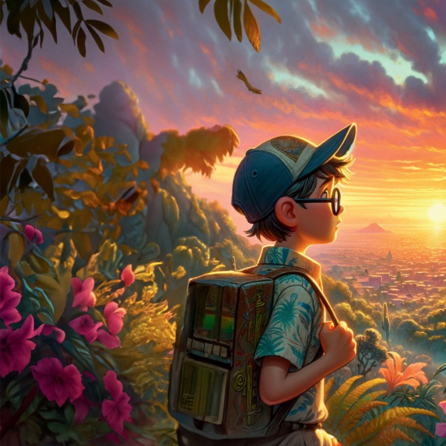 Tim with a backpack looks out over a vast jungle and mountains.